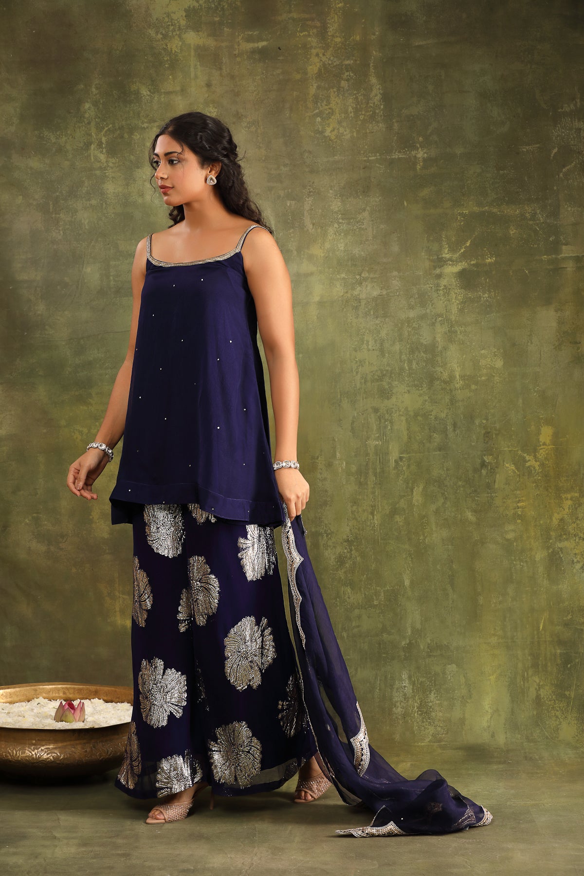 DARK BLUE ORGANZA KURTA WITH SHARARA AND DUPATTA