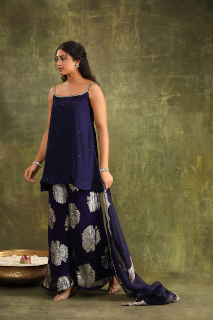 DARK BLUE ORGANZA KURTA WITH SHARARA AND DUPATTA