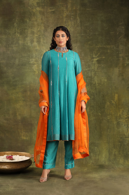 TURQOUISE MIRROR WORK HAND EMBROIDERED CHANDERI SUIT SET WITH DUPATTA