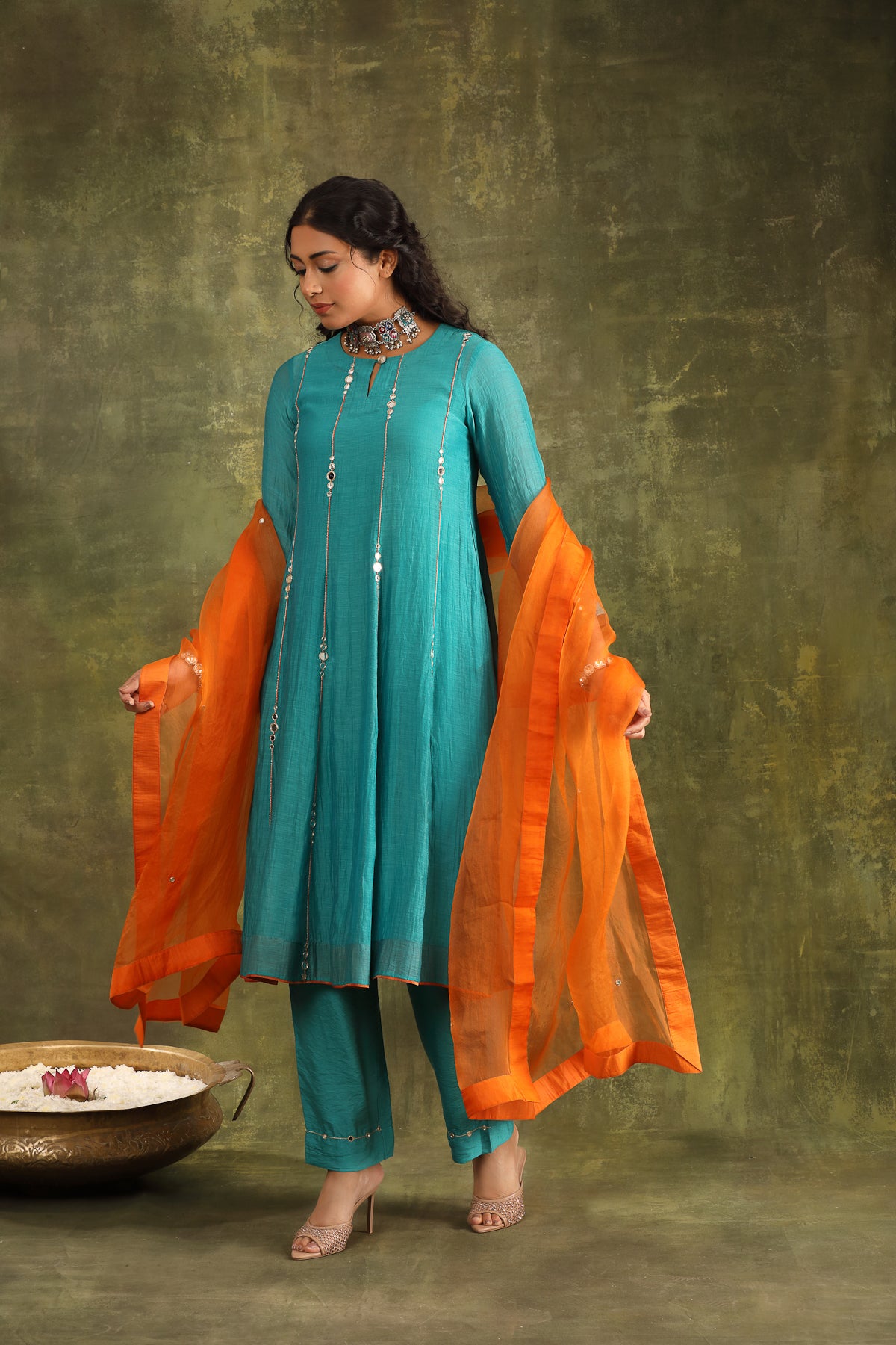 TURQOUISE MIRROR WORK HAND EMBROIDERED CHANDERI SUIT SET WITH DUPATTA