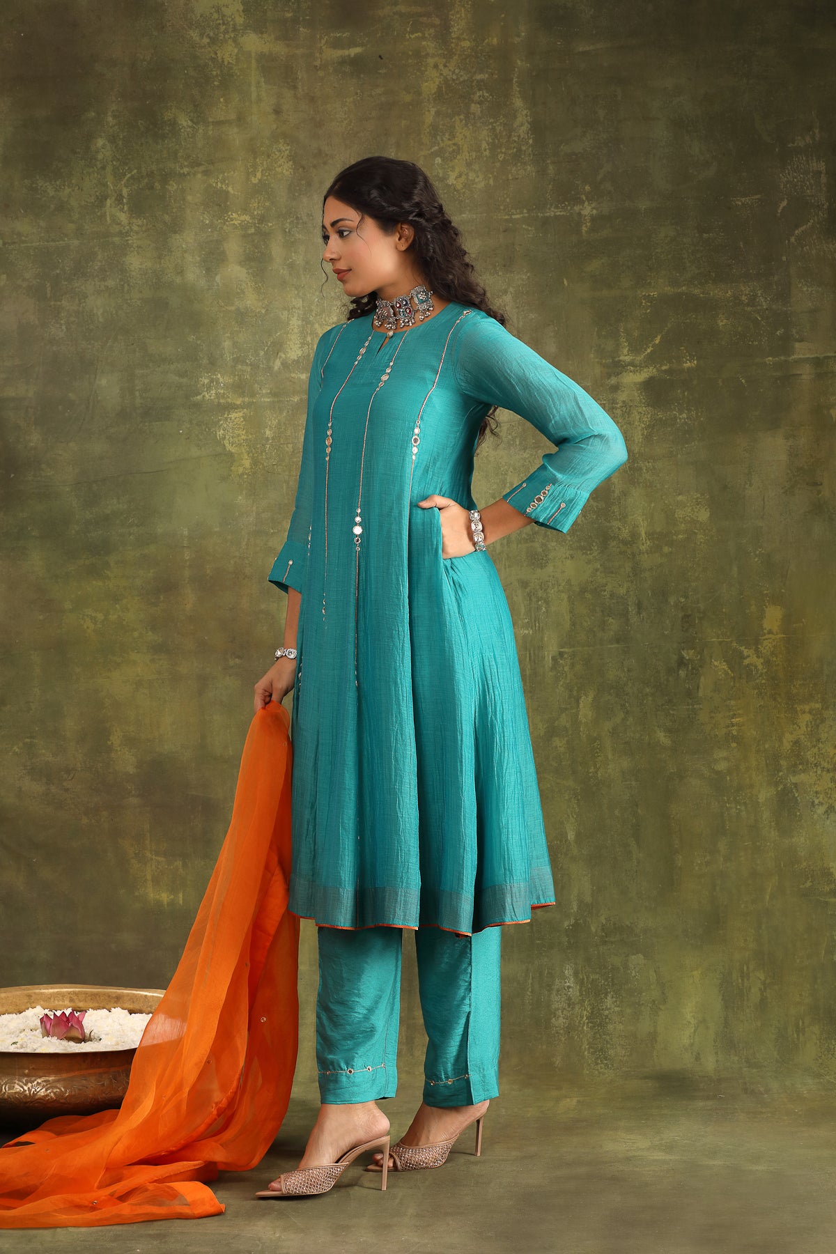 TURQOUISE MIRROR WORK HAND EMBROIDERED CHANDERI SUIT SET WITH DUPATTA