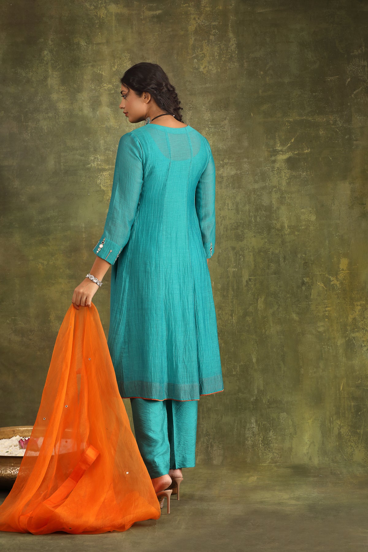 TURQOUISE MIRROR WORK HAND EMBROIDERED CHANDERI SUIT SET WITH DUPATTA