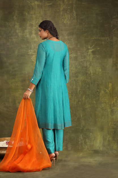 TURQOUISE MIRROR WORK HAND EMBROIDERED CHANDERI SUIT SET WITH DUPATTA