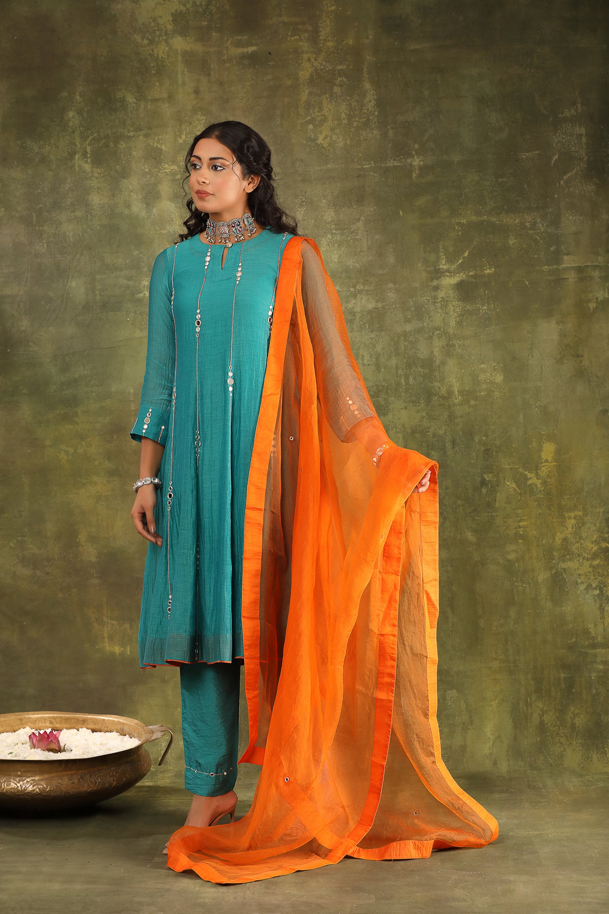 TURQOUISE MIRROR WORK HAND EMBROIDERED CHANDERI SUIT SET WITH DUPATTA