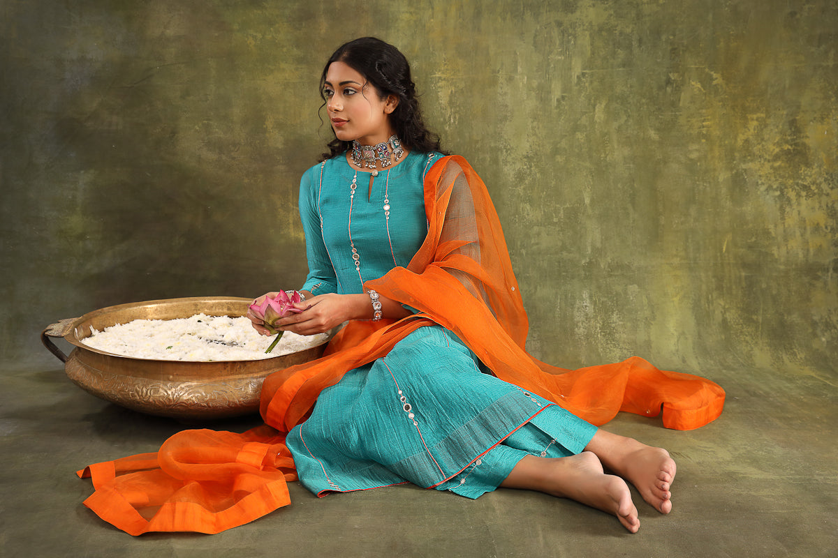 TURQOUISE MIRROR WORK HAND EMBROIDERED CHANDERI SUIT SET WITH DUPATTA