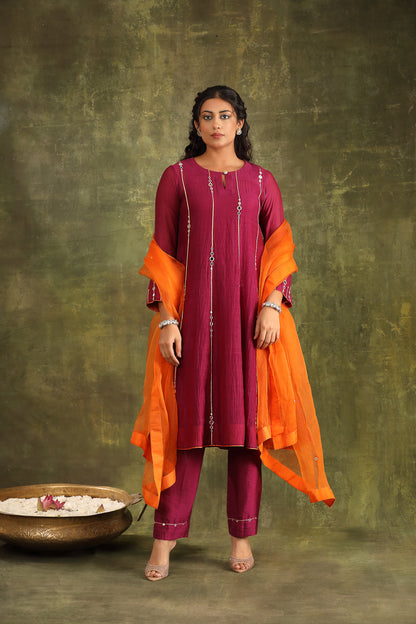 BURGUNDY MIRROR WORK HAND EMBROIDERED CHANDERI SUIT SET WITH DUPATTA