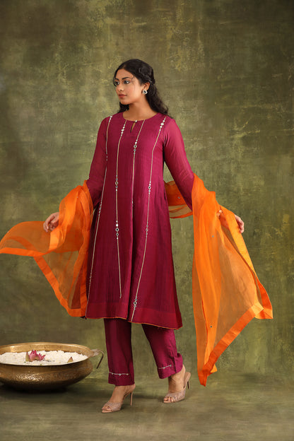 BURGUNDY MIRROR WORK HAND EMBROIDERED CHANDERI SUIT SET WITH DUPATTA