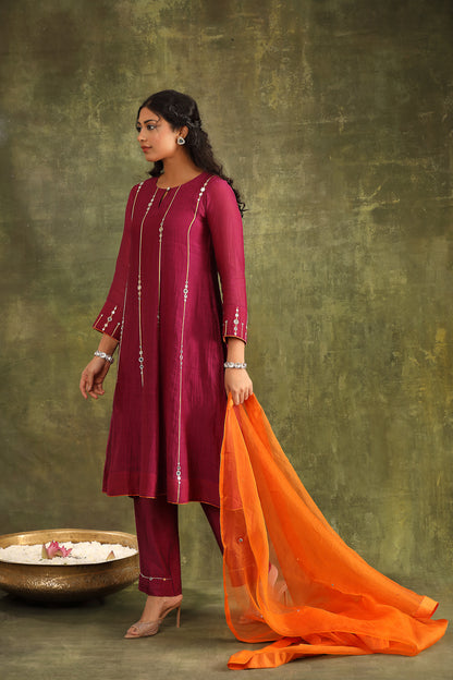 BURGUNDY MIRROR WORK HAND EMBROIDERED CHANDERI SUIT SET WITH DUPATTA