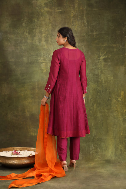 BURGUNDY MIRROR WORK HAND EMBROIDERED CHANDERI SUIT SET WITH DUPATTA