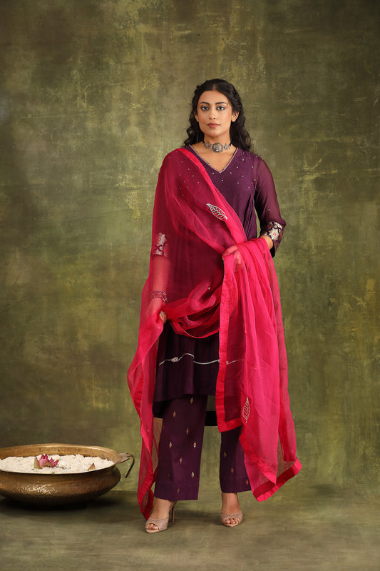 PURPLE ABSTRACT HAND EMBROIDERED CHNADERI SUIT SET WITH DUPATTA
