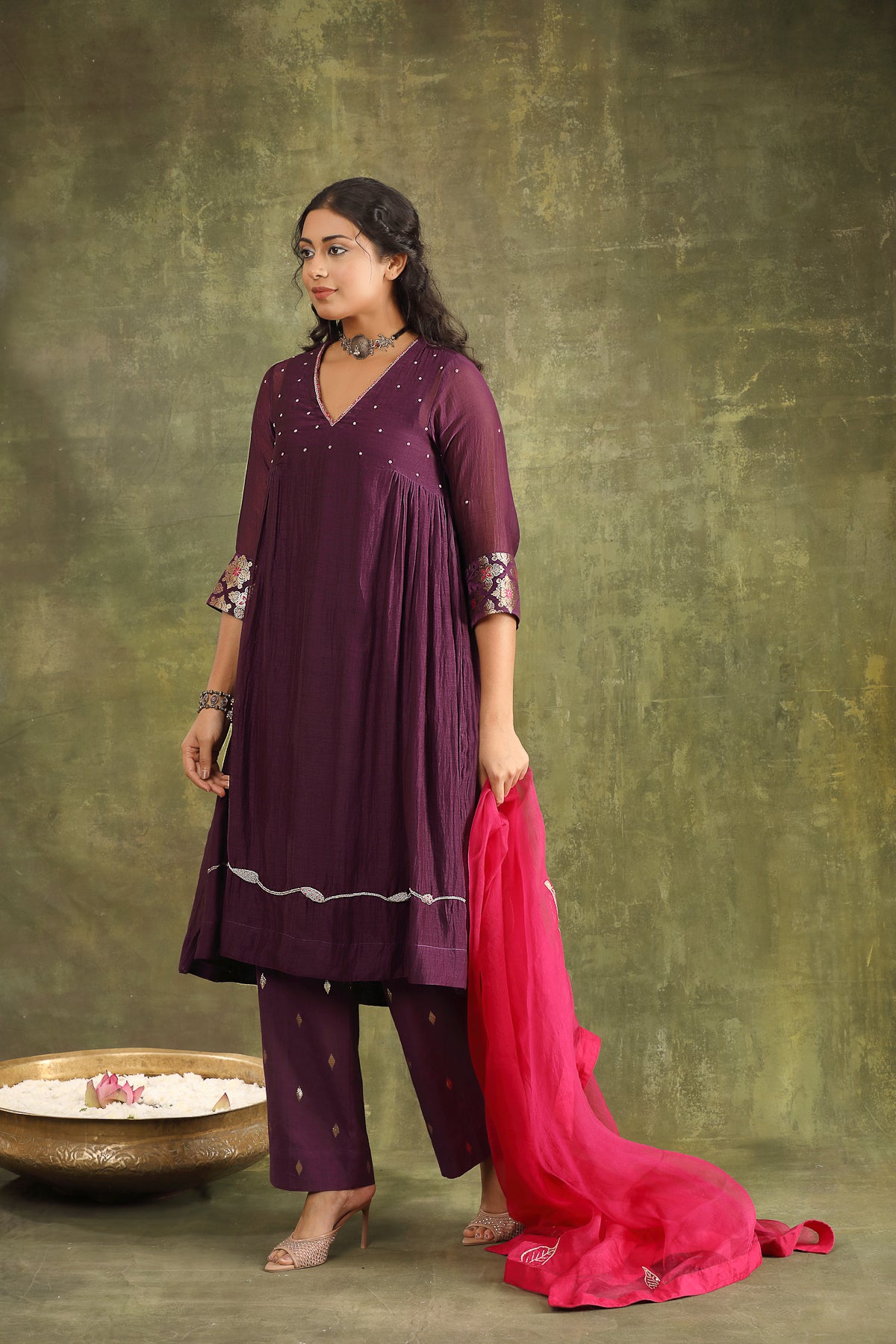 PURPLE ABSTRACT HAND EMBROIDERED CHNADERI SUIT SET WITH DUPATTA