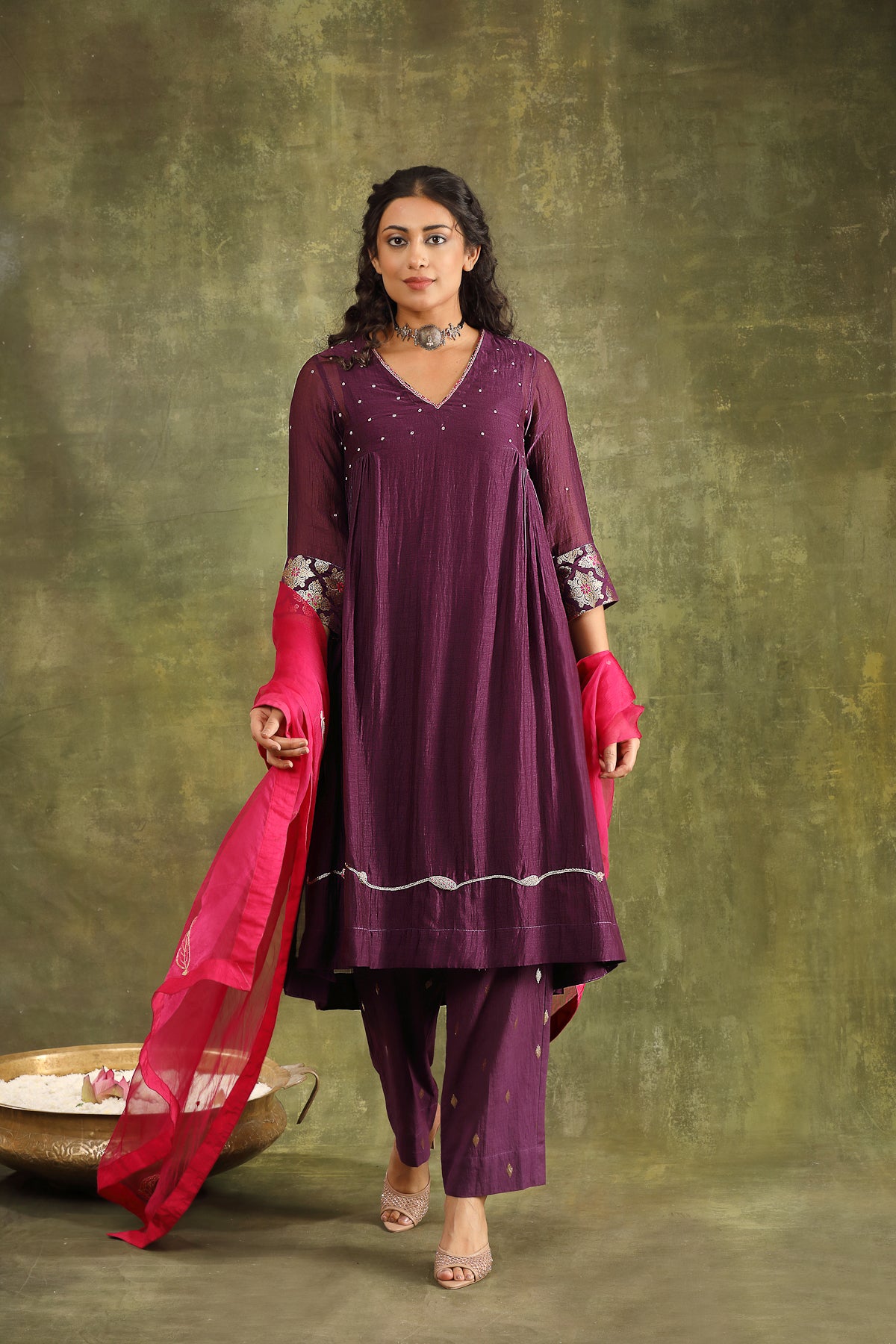 PURPLE ABSTRACT HAND EMBROIDERED CHNADERI SUIT SET WITH DUPATTA