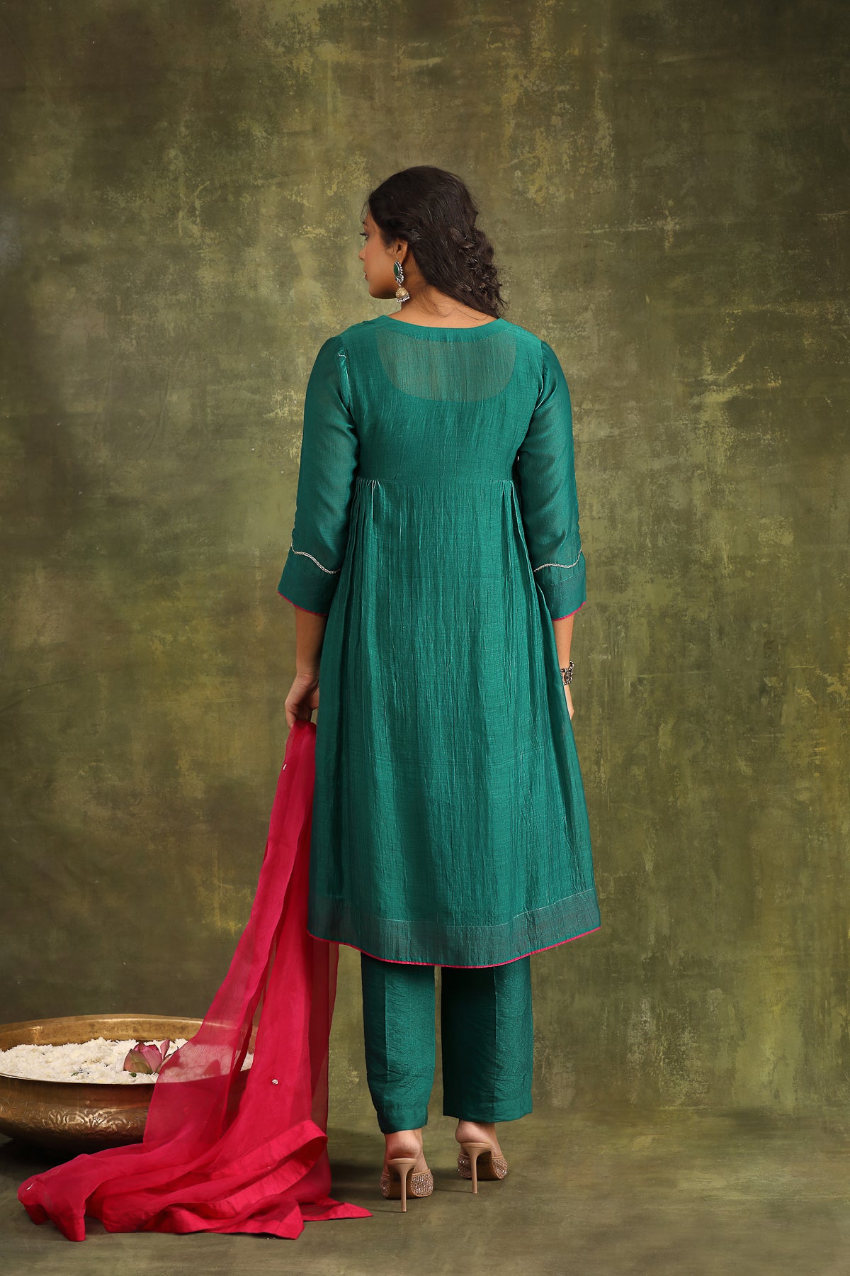 DARK GREEN ABSTRACT HAND EMBROIDERED CHANDERI SUIT SET WITH DUPATTA