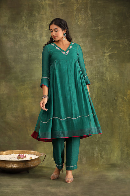 DARK GREEN ABSTRACT HAND EMBROIDERED CHANDERI SUIT SET WITH DUPATTA