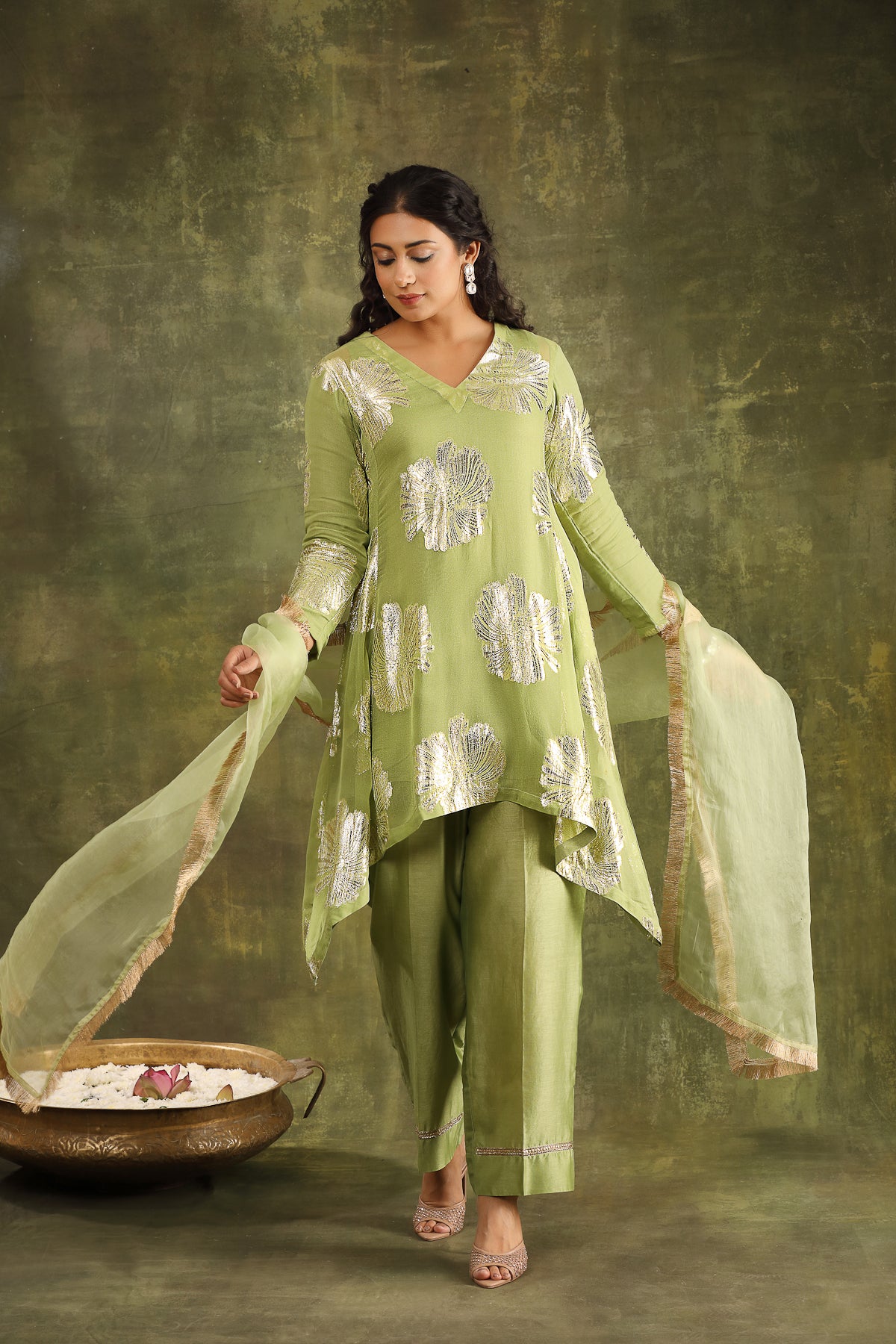 MINT GEORGETTE KURTA WITH CHANDERI PANTS