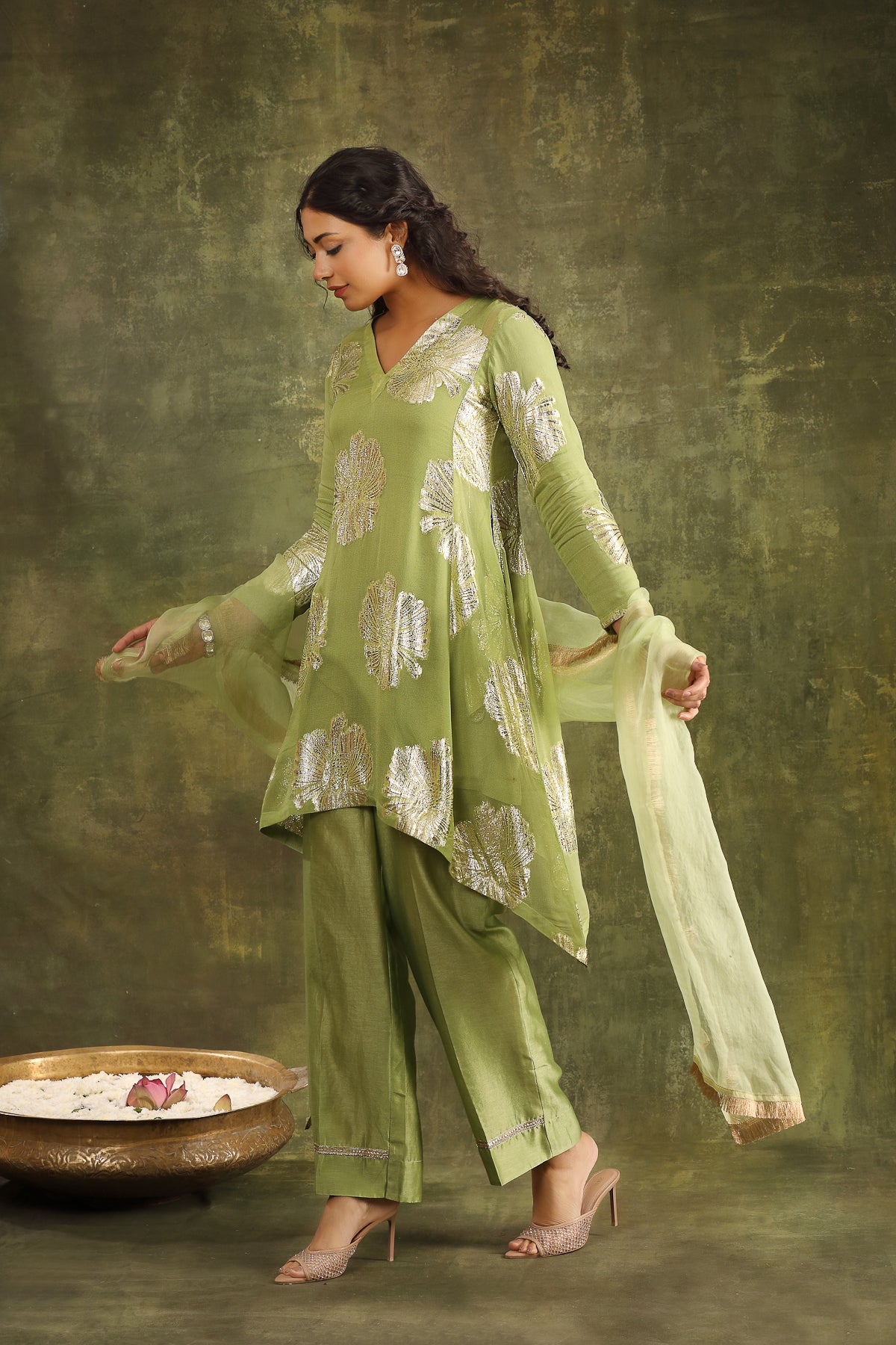 MINT GEORGETTE KURTA WITH CHANDERI PANTS