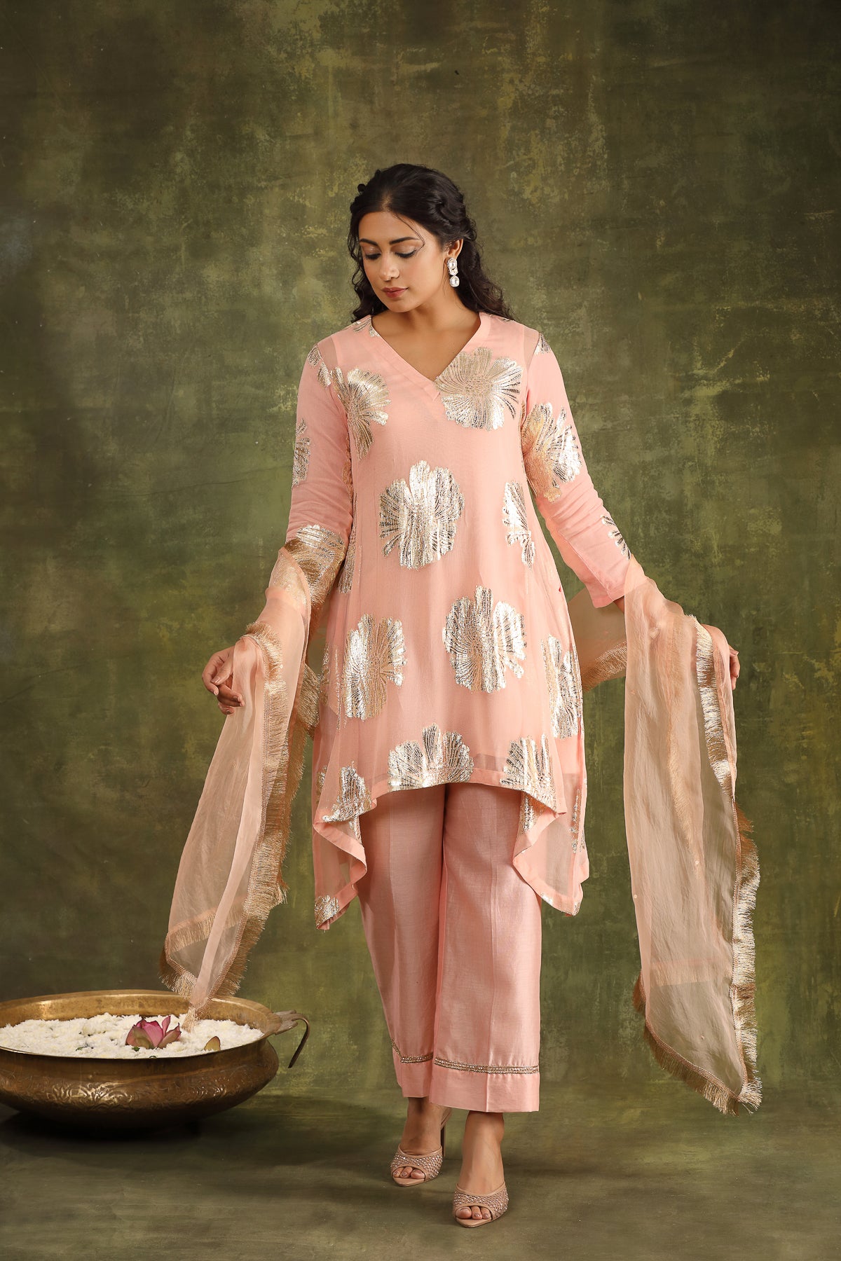 PEACH GEORGETTE KURTA WITH CHANDERI PANTS