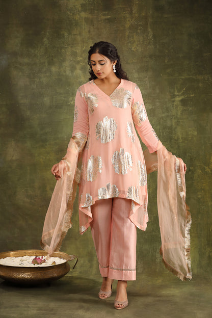 PEACH GEORGETTE KURTA WITH CHANDERI PANTS