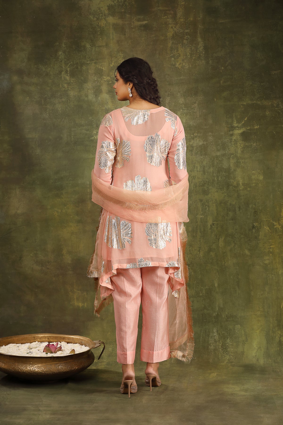 PEACH GEORGETTE KURTA WITH CHANDERI PANTS