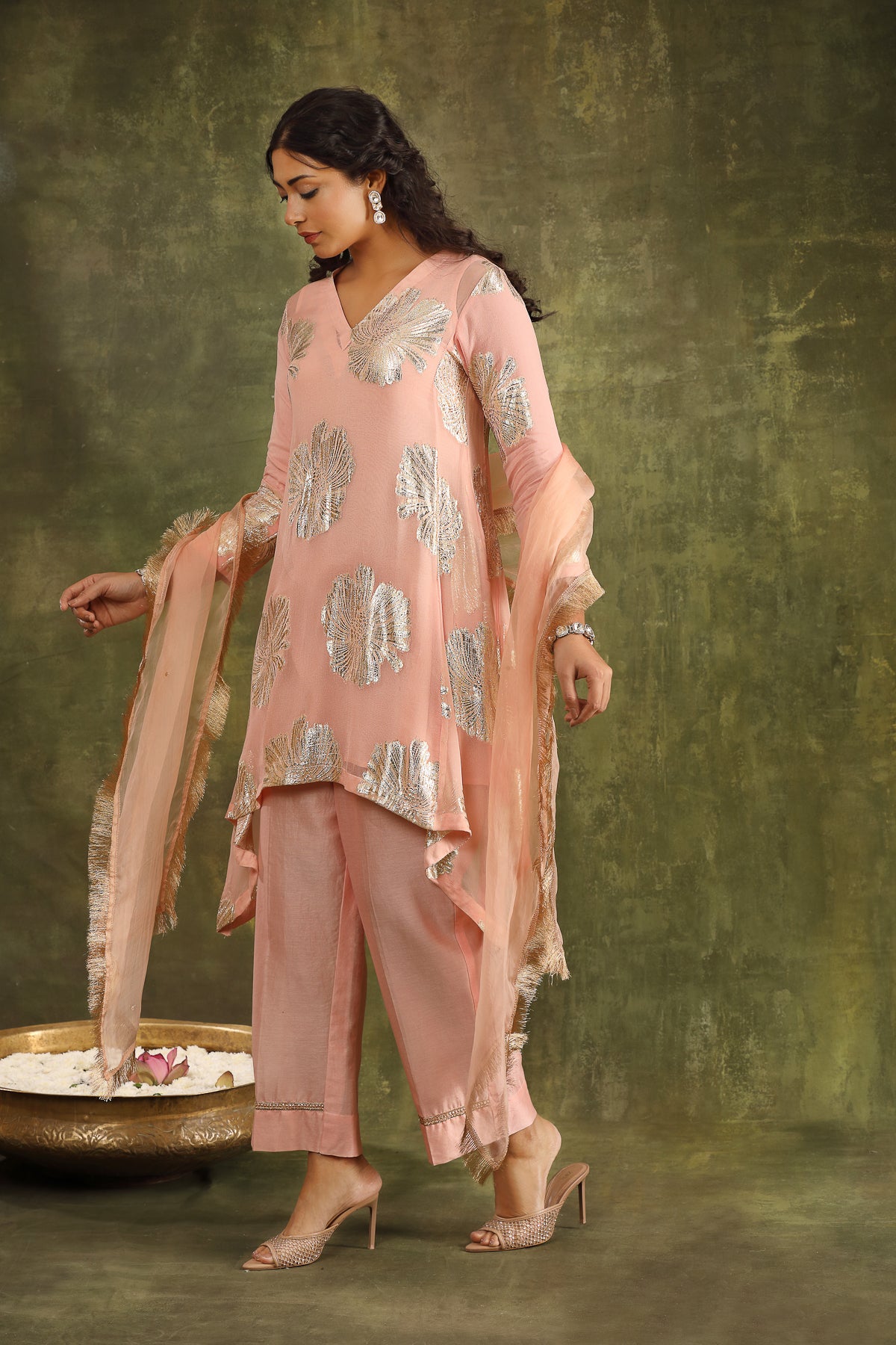 PEACH GEORGETTE KURTA WITH CHANDERI PANTS