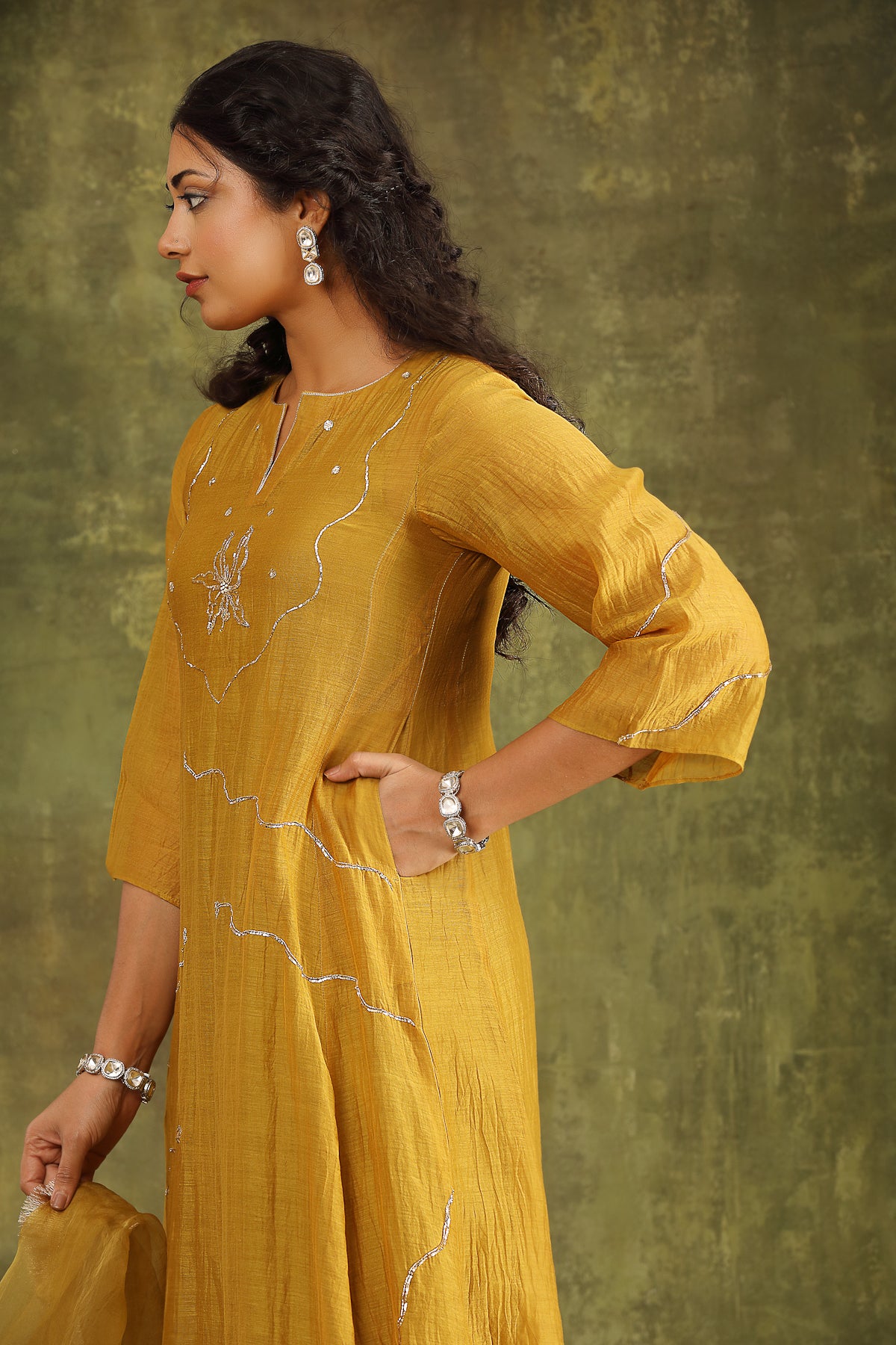 MUSTARD PITTA HAND EMBROIDERED CHANDERI SUIT SET