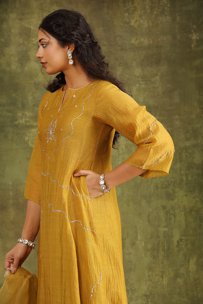 MUSTARD PITTA HAND EMBROIDERED CHANDERI SUIT SET