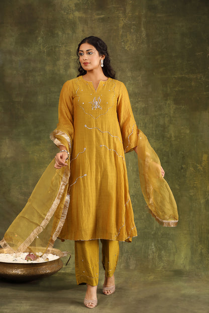 MUSTARD PITTA HAND EMBROIDERED CHANDERI SUIT SET