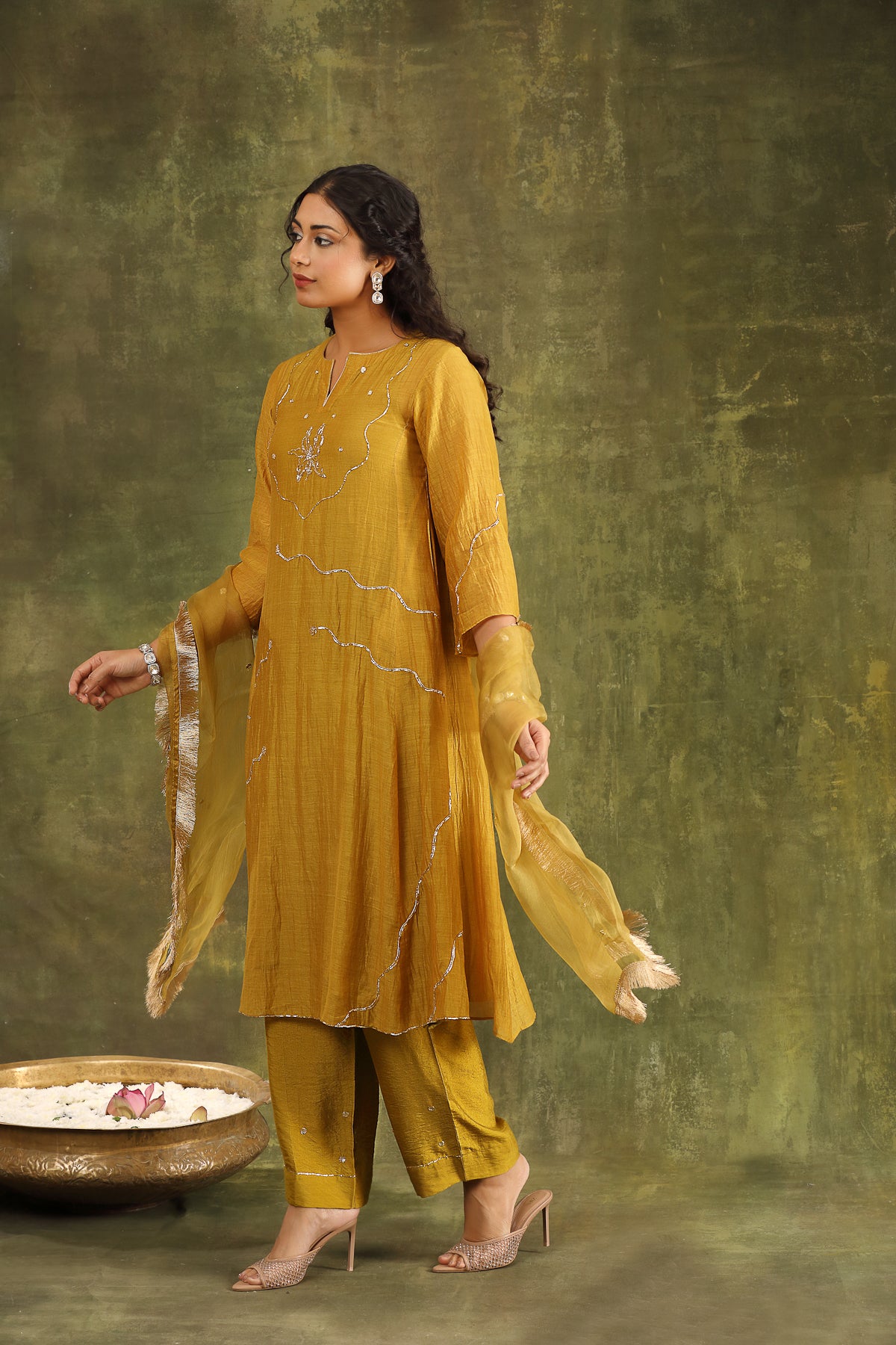 MUSTARD PITTA HAND EMBROIDERED CHANDERI SUIT SET