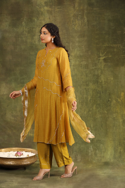 MUSTARD PITTA HAND EMBROIDERED CHANDERI SUIT SET