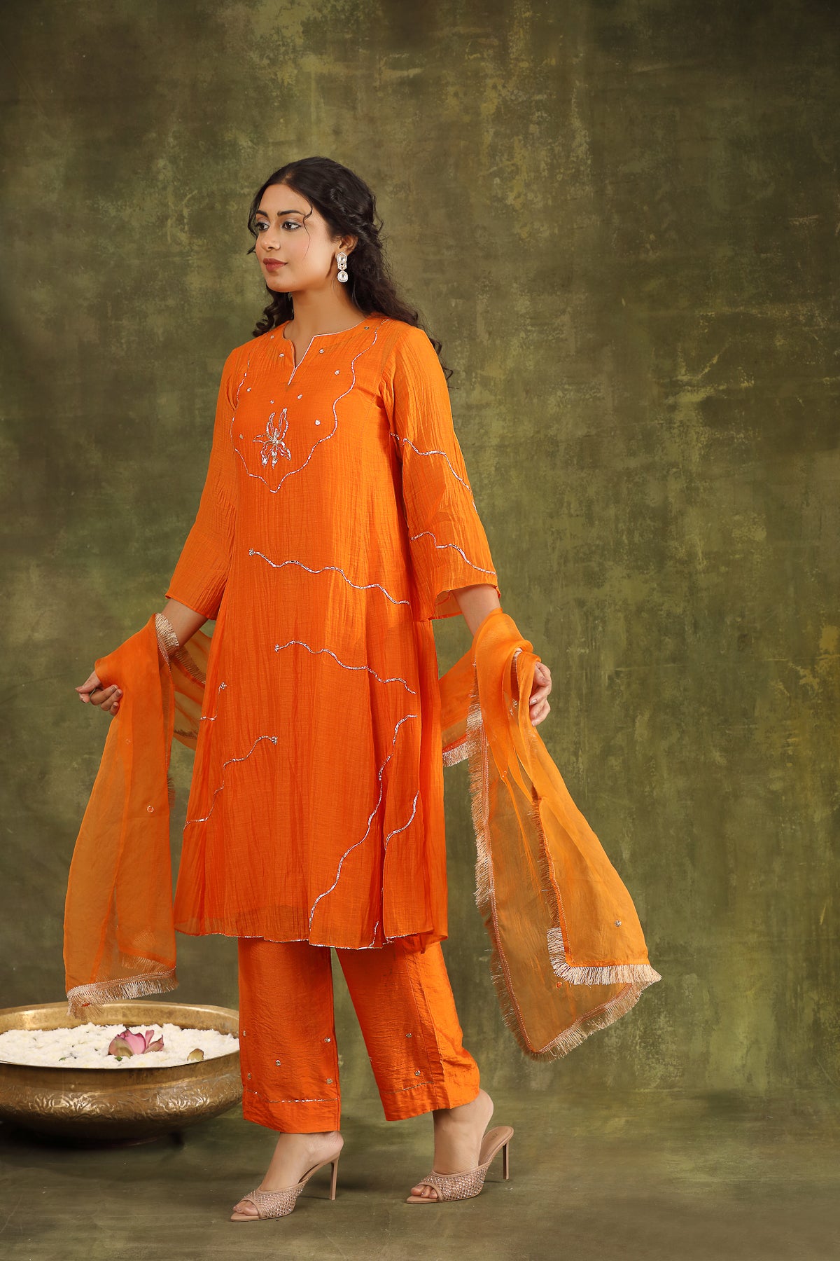 ORANGE PITTA HAND EMBROIDERED CHANDERI SUIT SET WITH DUPATTA