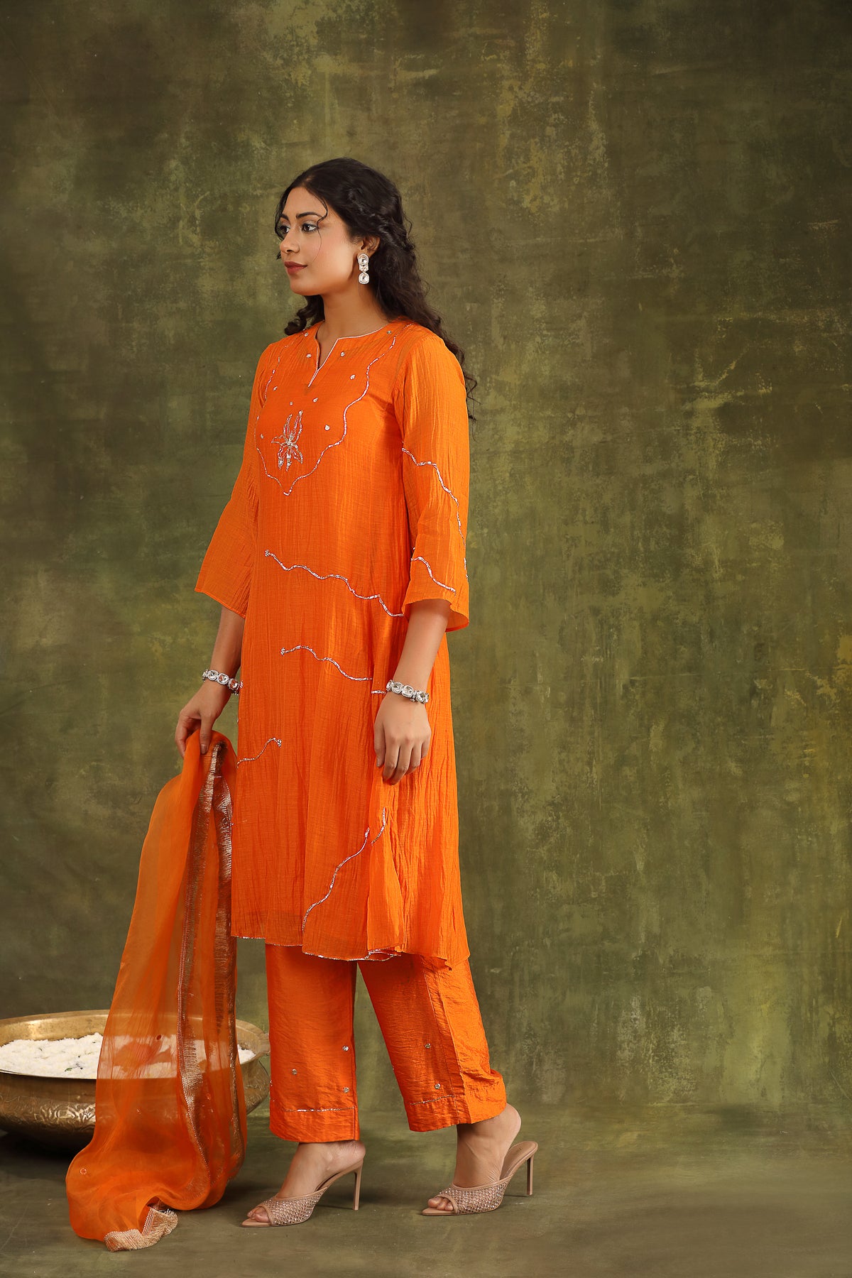 ORANGE PITTA HAND EMBROIDERED CHANDERI SUIT SET WITH DUPATTA