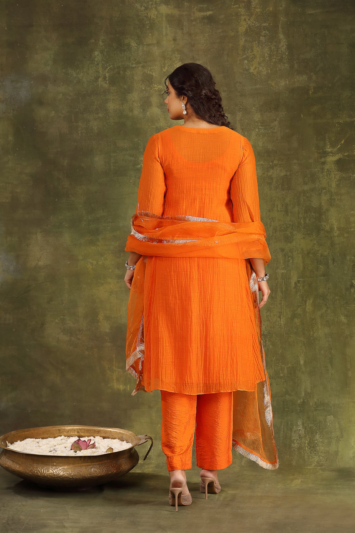 ORANGE PITTA HAND EMBROIDERED CHANDERI SUIT SET WITH DUPATTA