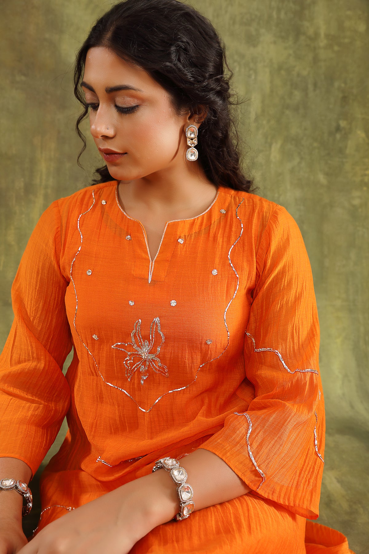 ORANGE PITTA HAND EMBROIDERED CHANDERI SUIT SET WITH DUPATTA