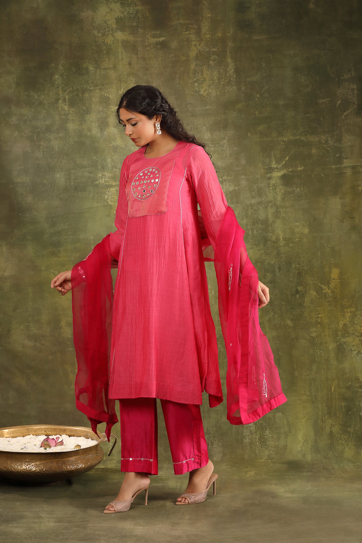 NEON PINK CHANDERI SUIT SET WITH ORGANZA DUPATTA
