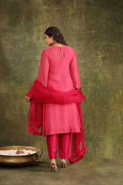 NEON PINK CHANDERI SUIT SET WITH ORGANZA DUPATTA