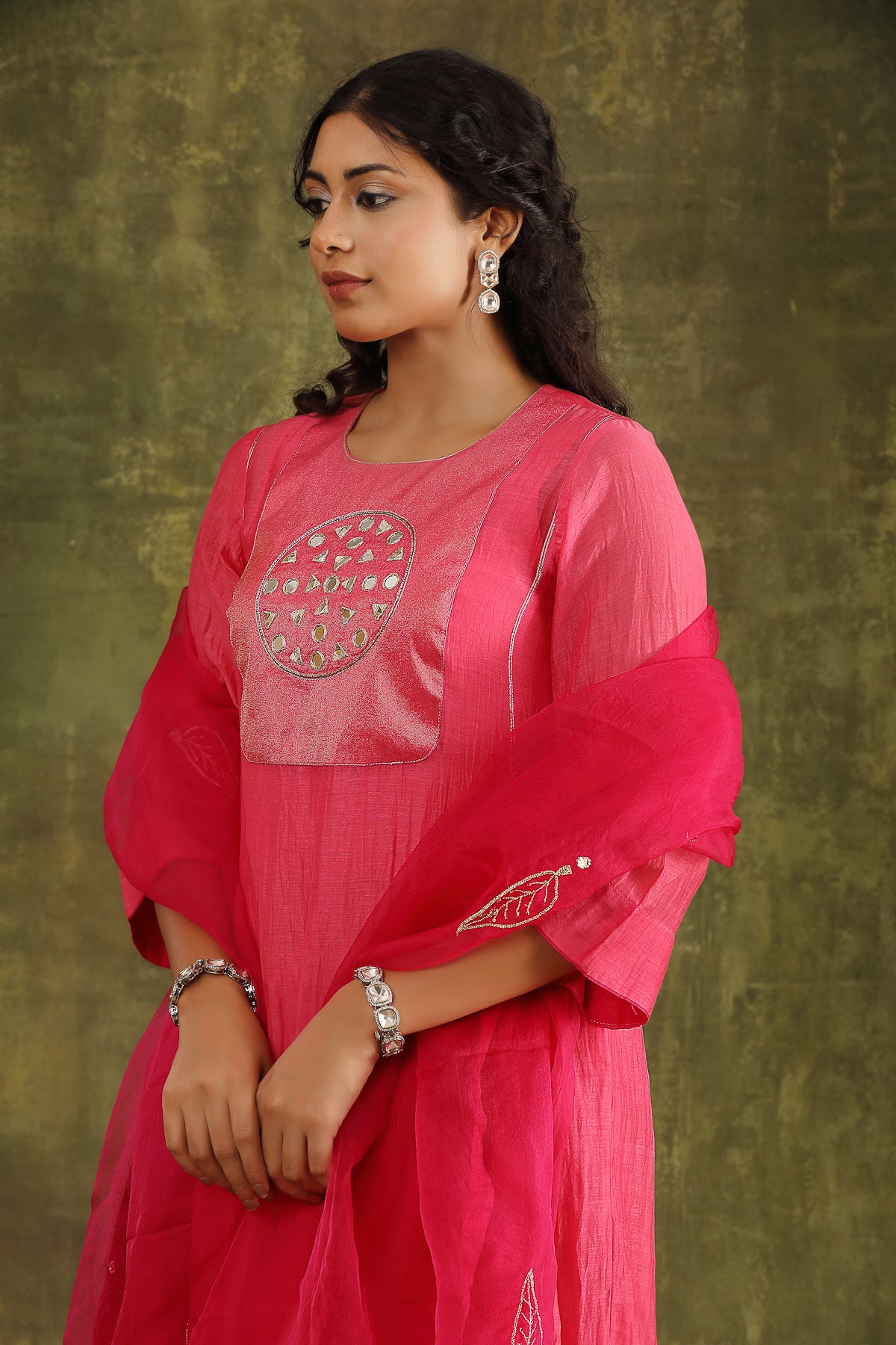NEON PINK CHANDERI SUIT SET WITH ORGANZA DUPATTA
