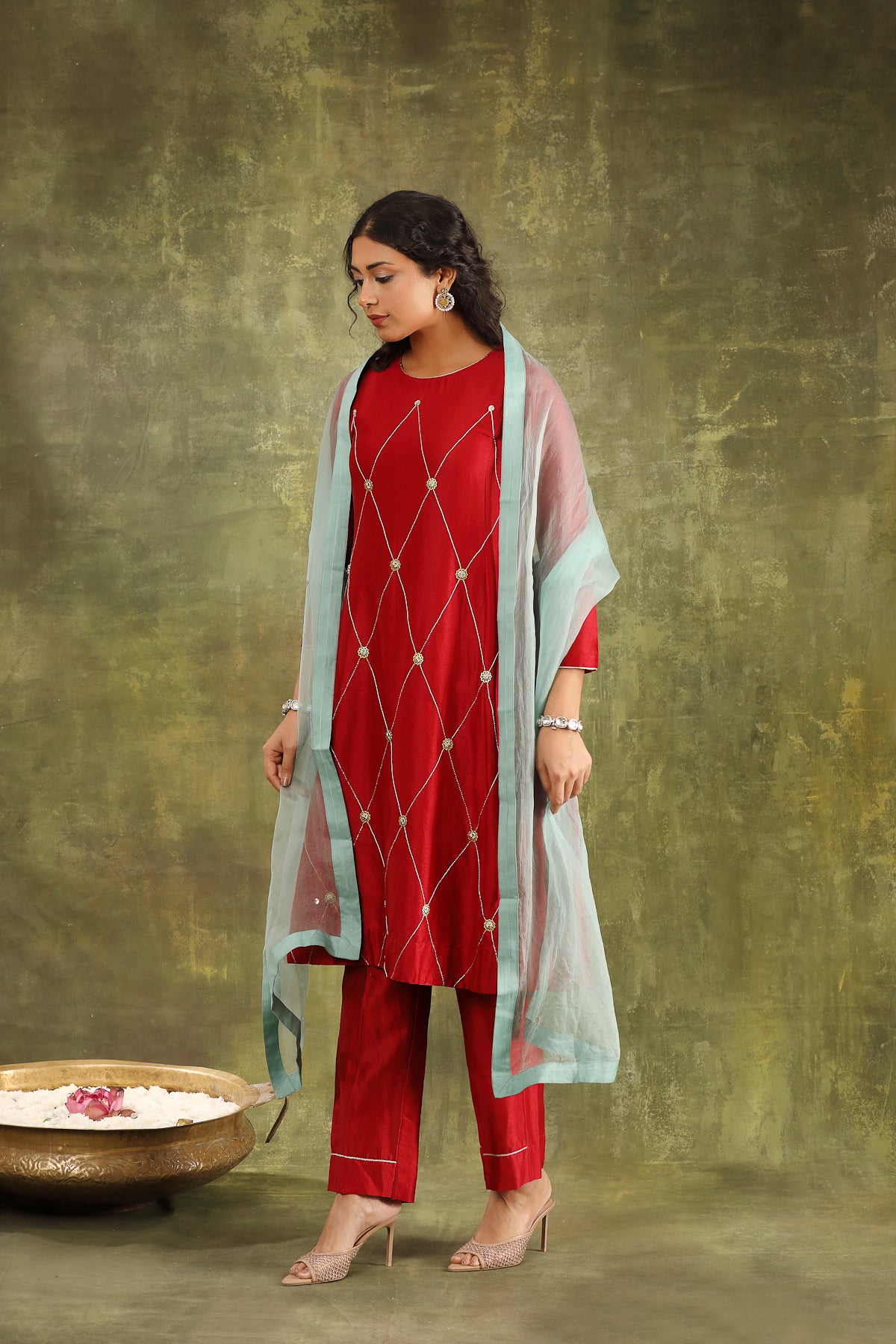 MAROON HAND EMBROIDERED SILK CHANDERI SUIT SET WITH ORGANZA DUPATTA