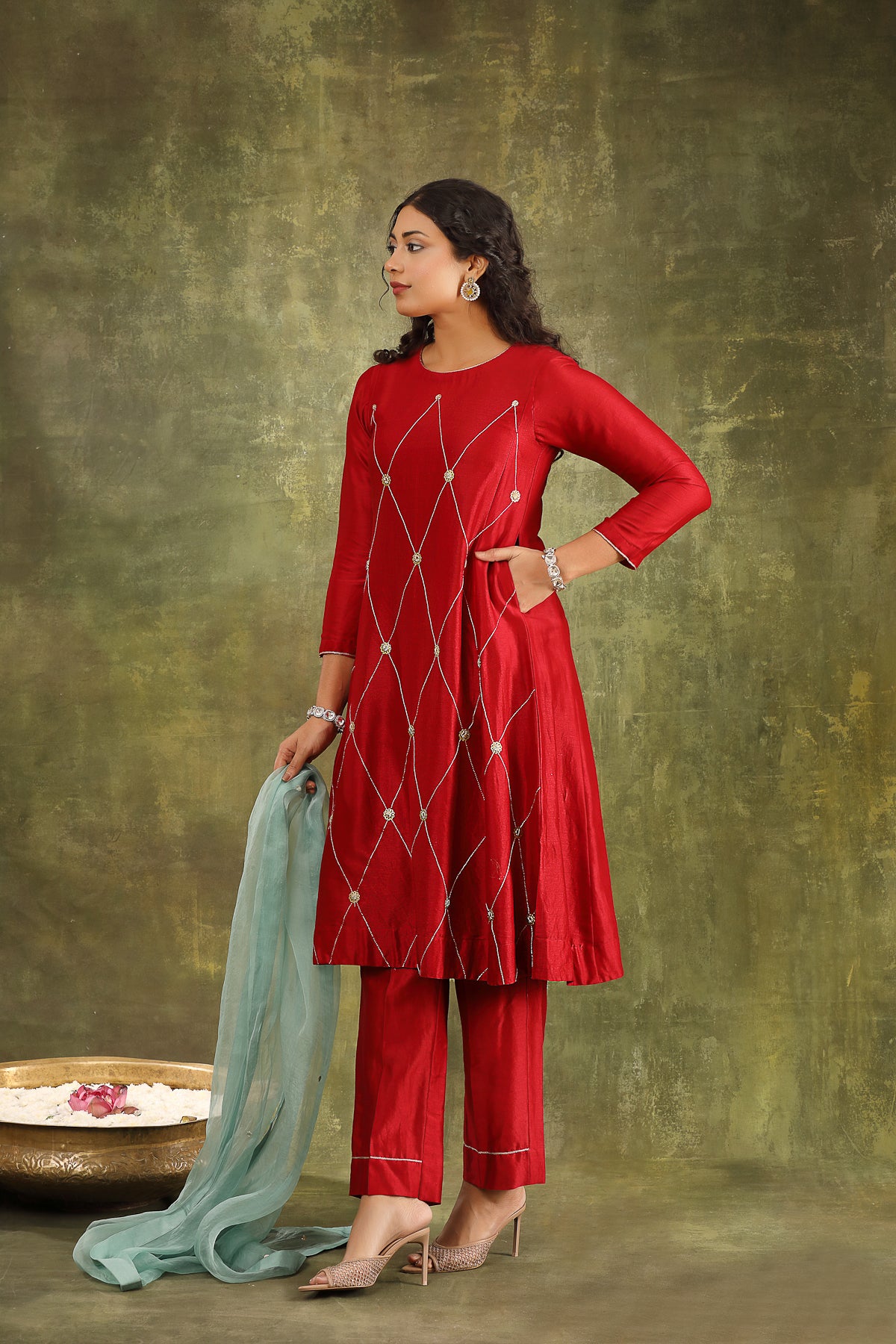 MAROON HAND EMBROIDERED SILK CHANDERI SUIT SET WITH ORGANZA DUPATTA