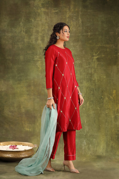 MAROON HAND EMBROIDERED SILK CHANDERI SUIT SET WITH ORGANZA DUPATTA