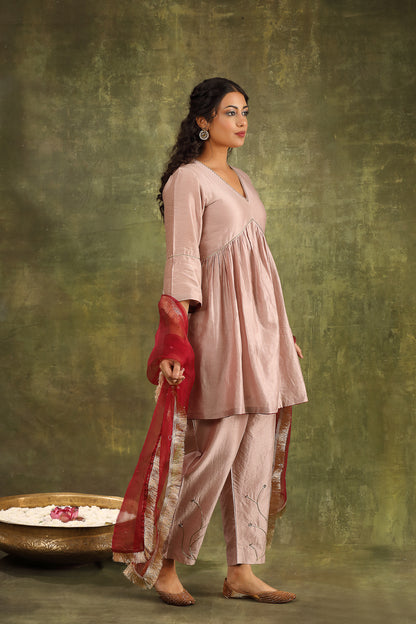 DULL OLD ROSE SILK CHANDERI KURTA WITH PANTS AND DUPATTA