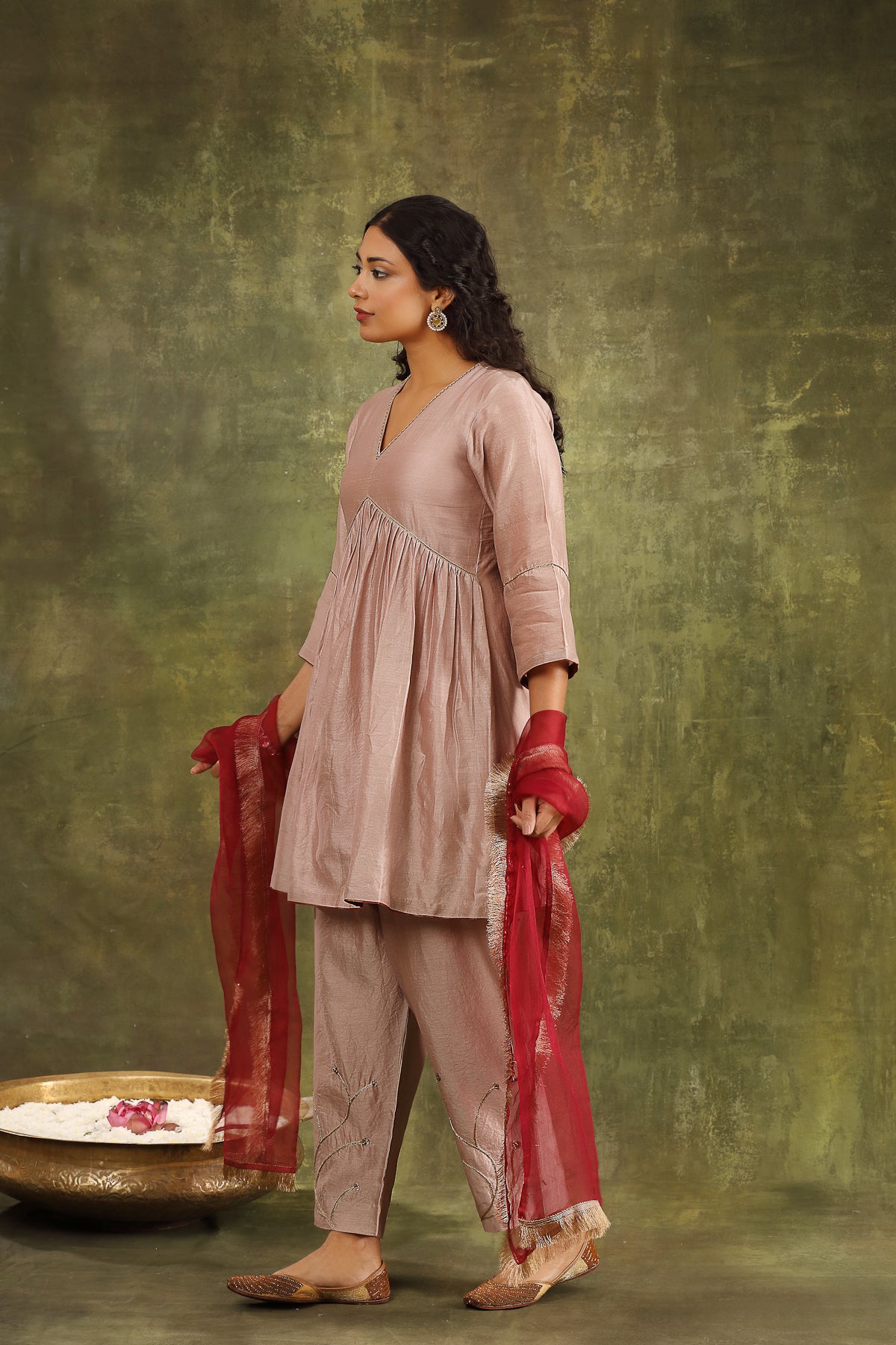 DULL OLD ROSE SILK CHANDERI KURTA WITH PANTS AND DUPATTA