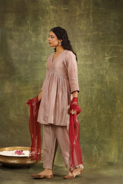 DULL OLD ROSE SILK CHANDERI KURTA WITH PANTS AND DUPATTA