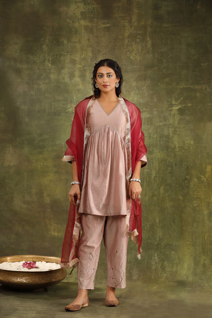 DULL OLD ROSE SILK CHANDERI KURTA WITH PANTS AND DUPATTA