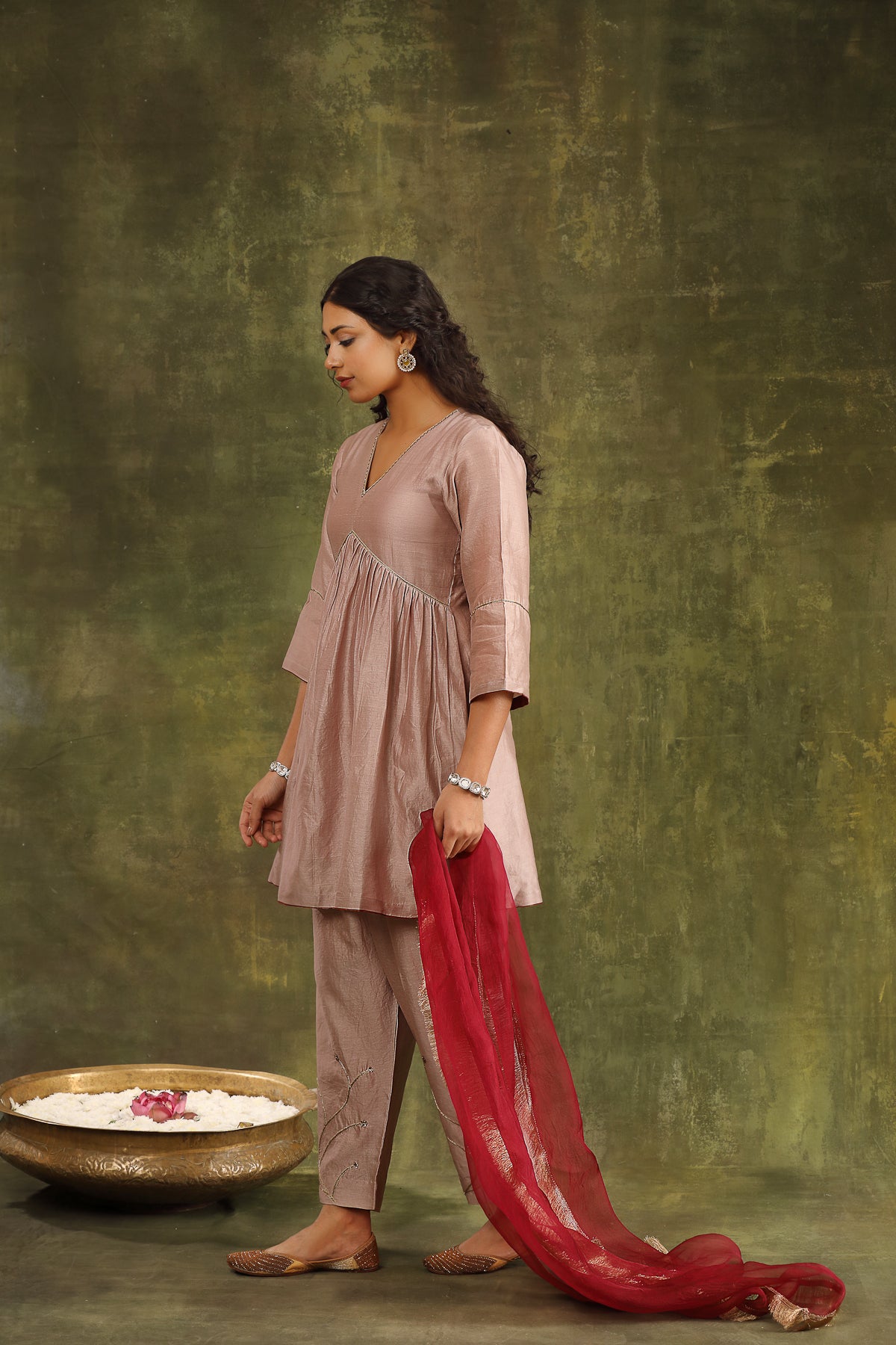 DULL OLD ROSE SILK CHANDERI KURTA WITH PANTS AND DUPATTA