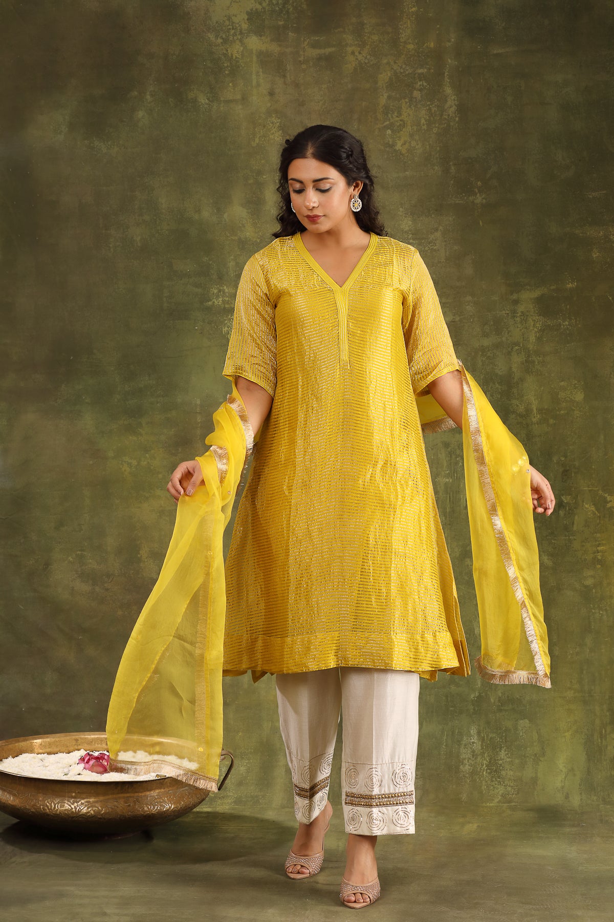 MUSTARD YELLOW TISSUE KURTA WITH HAND EMBROIDERED PANTS