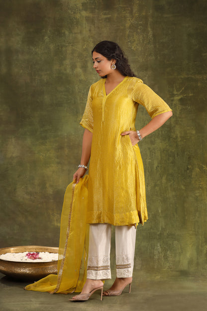 MUSTARD YELLOW TISSUE KURTA WITH HAND EMBROIDERED PANTS