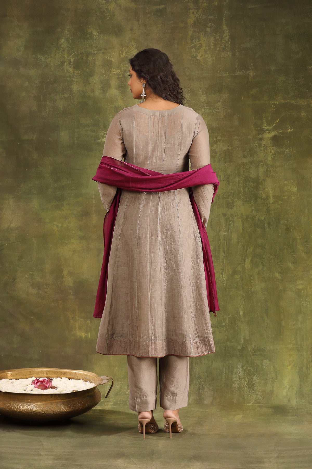 GREY SILK CHANDERI HAND EMBROIDERED ANARKALI SUIT SET