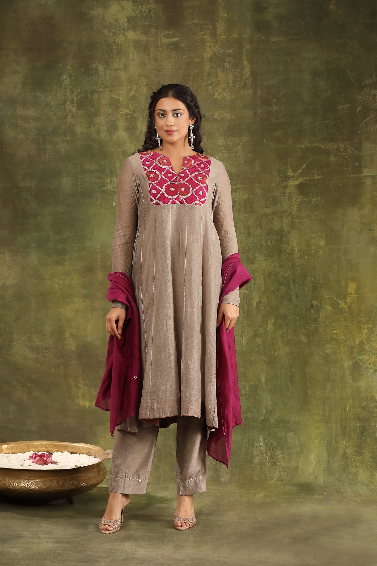 GREY SILK CHANDERI HAND EMBROIDERED ANARKALI SUIT SET