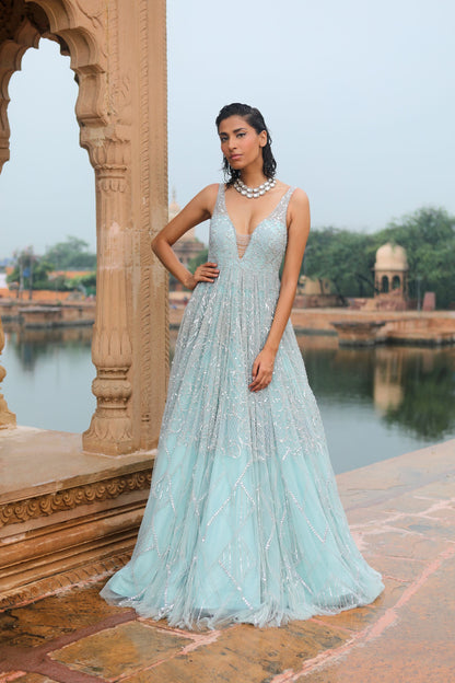 ICE BLUE FLARED GOWN