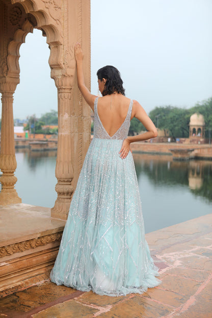 ICE BLUE FLARED GOWN